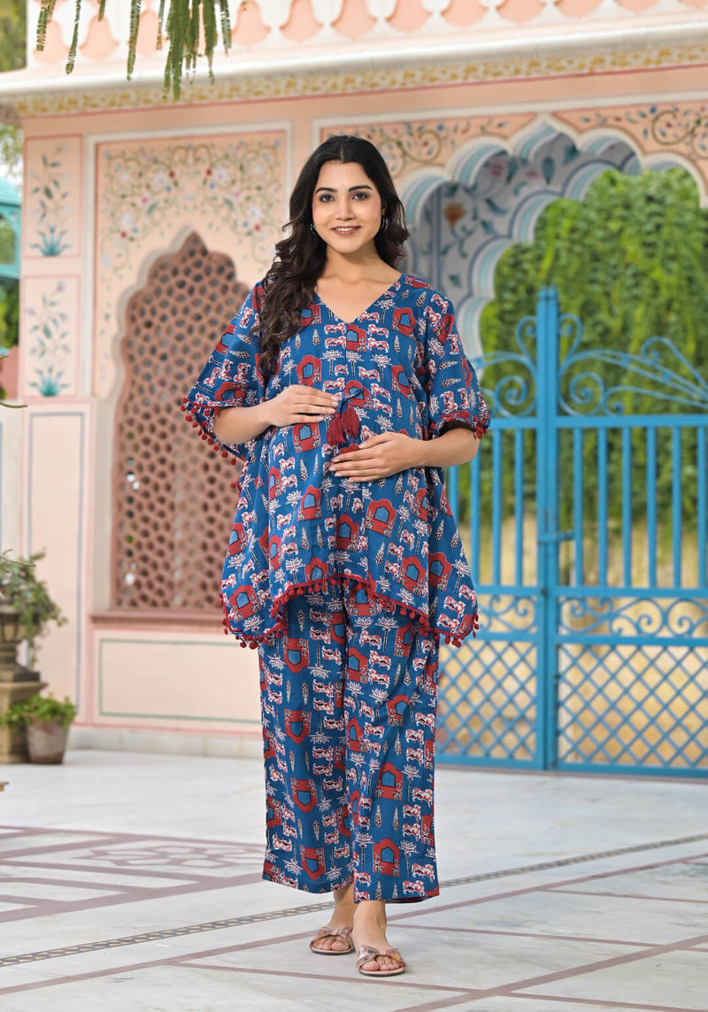 Blue Geometric Print Maternity Feeding-Friendly Kaftan Night Suit with Concealed Zipper