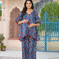 Blue Geometric Print Maternity Feeding-Friendly Kaftan Night Suit with Concealed Zipper