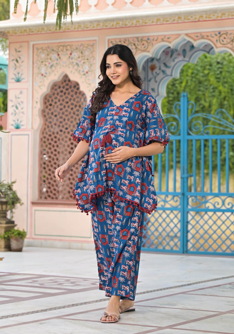 Blue Geometric Print Maternity Feeding-Friendly Kaftan Night Suit with Concealed Zipper