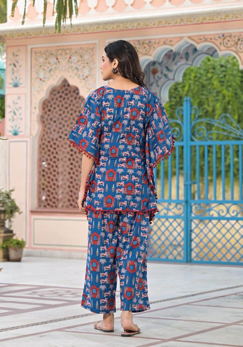 Blue Geometric Print Maternity Feeding-Friendly Kaftan Night Suit with Concealed Zipper