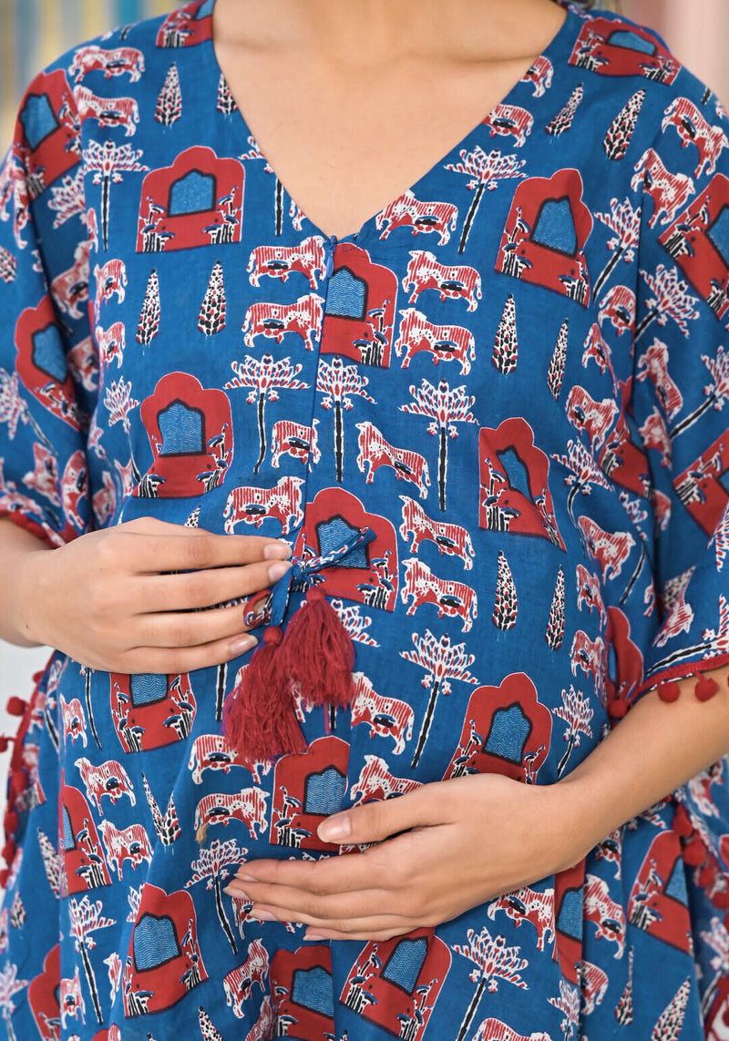 Blue Geometric Print Maternity Feeding-Friendly Kaftan Night Suit with Concealed Zipper