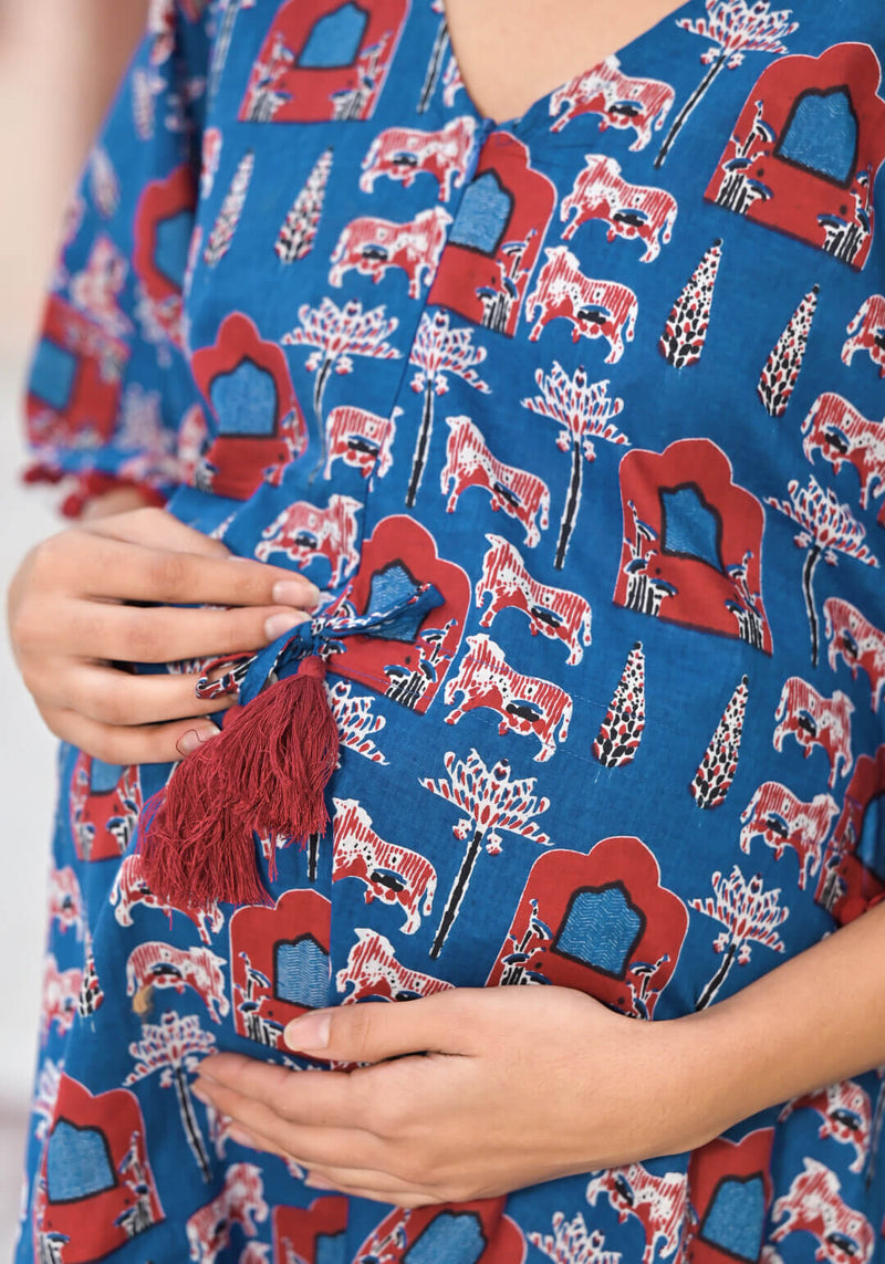 Blue Geometric Print Maternity Feeding-Friendly Kaftan Night Suit with Concealed Zipper