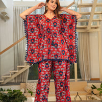 Red Geometric Print Maternity Feeding-Friendly Kaftan Night Suit with Concealed Zipper