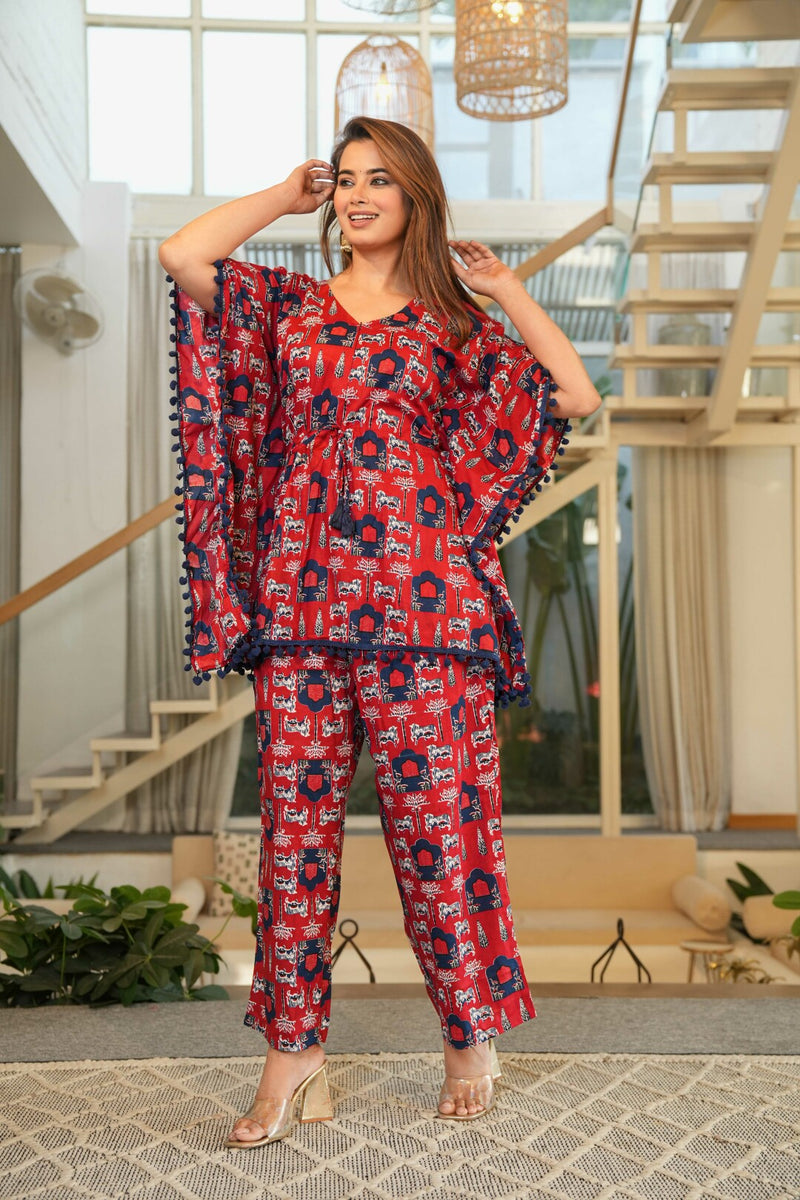Red Geometric Print Maternity Feeding-Friendly Kaftan Night Suit with Concealed Zipper