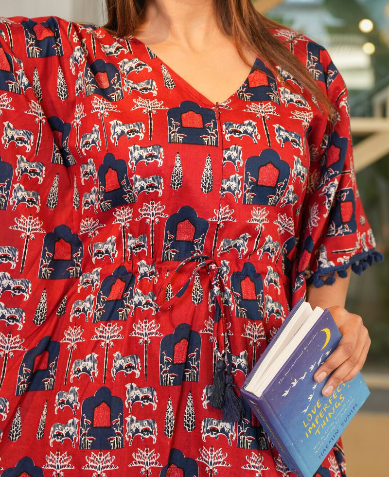 Red Geometric Print Maternity Feeding-Friendly Kaftan Night Suit with Concealed Zipper