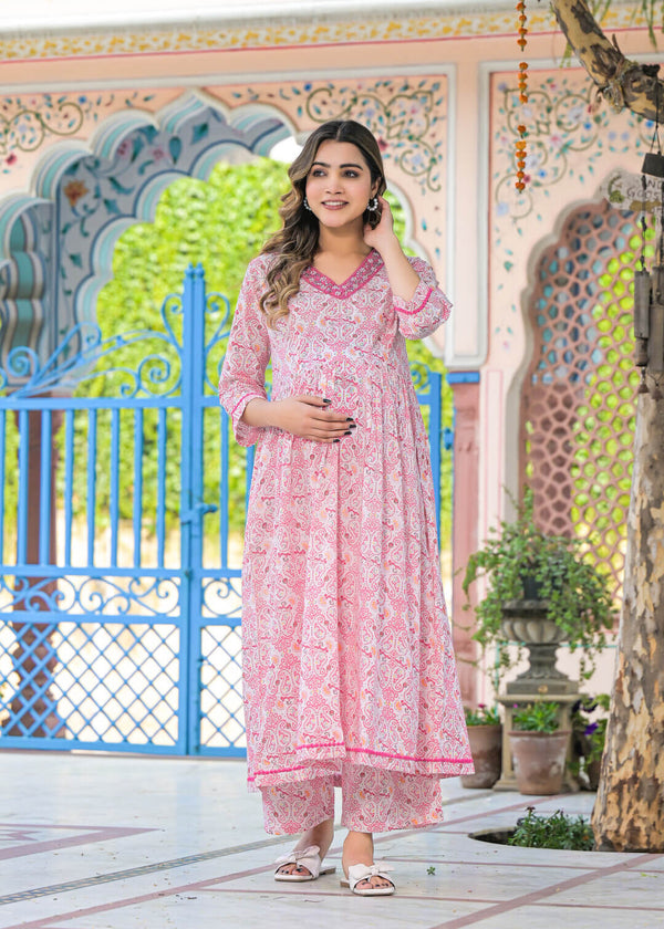 White Pink Ethnic Print Cotton Maternity & Feeding Flare Kurta Set with Concealed Zipper