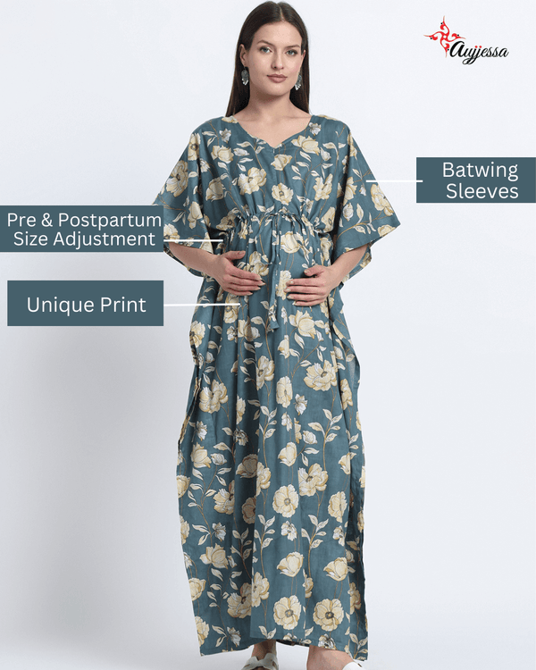 Grey Floral Print Maternity & Feeding Kaftan Dress with Concealed Zipper