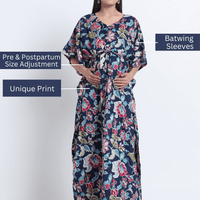 Indigo Multi Floral Print Maternity & Feeding Kaftan Dress with Concealed Zipper