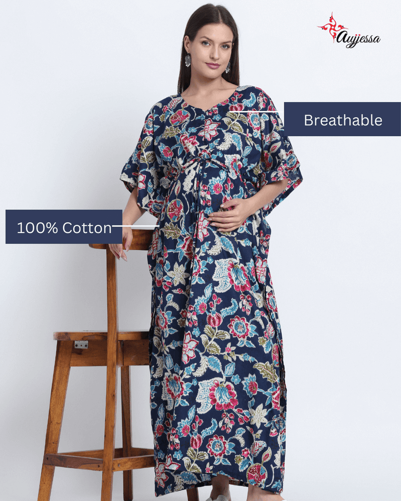 Indigo Multi Floral Print Maternity & Feeding Kaftan Dress with Concealed Zipper