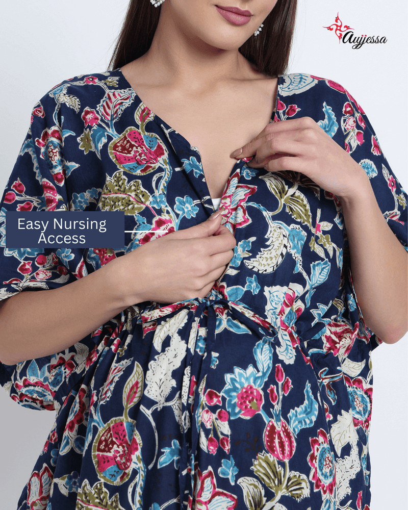 Indigo Multi Floral Print Maternity & Feeding Kaftan Dress with Concealed Zipper