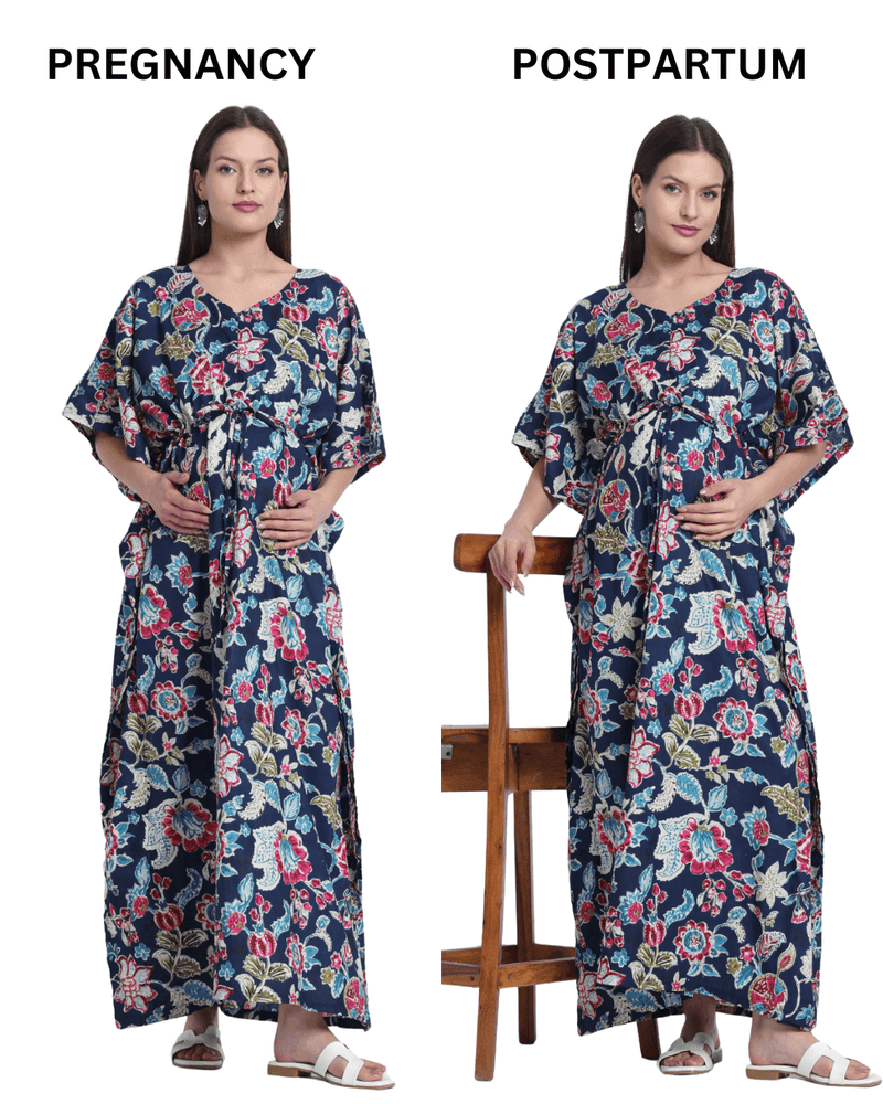 Indigo Multi Floral Print Maternity & Feeding Kaftan Dress with Concealed Zipper
