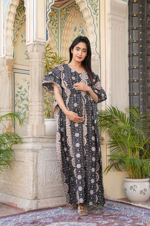 Black Geometric Print Maternity & Feeding Kaftan Dress with Concealed Zipper