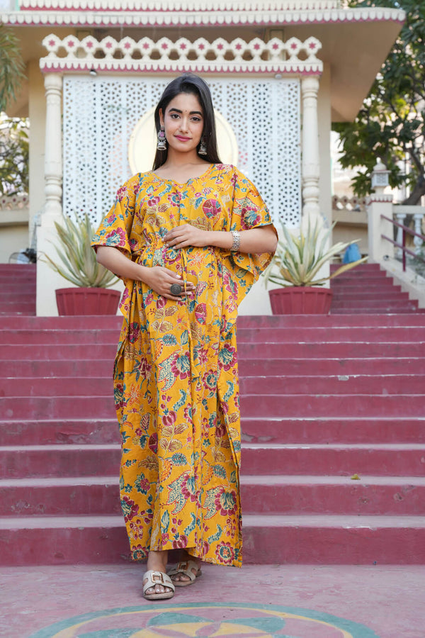 Mustard Multi Floral Print Maternity & Feeding Kaftan Dress with Concealed Zipper