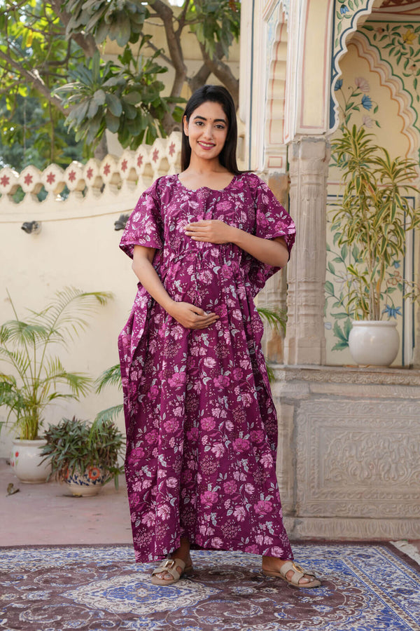 Burgundy Floral Print Maternity & Feeding Kaftan Dress with Concealed Zipper