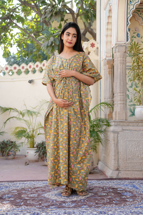 Olive Green Floral Print Maternity & Feeding Kaftan Dress with Concealed Zipper