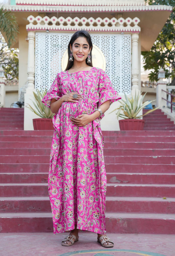 Pink Multi Floral Printed Maternity & Feeding Kaftan Dress with Concealed Zipper