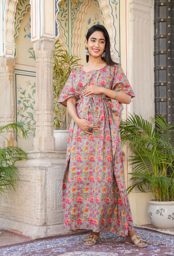 Grey Milange Floral Print Maternity & Feeding Kaftan Dress with Concealed Zipper