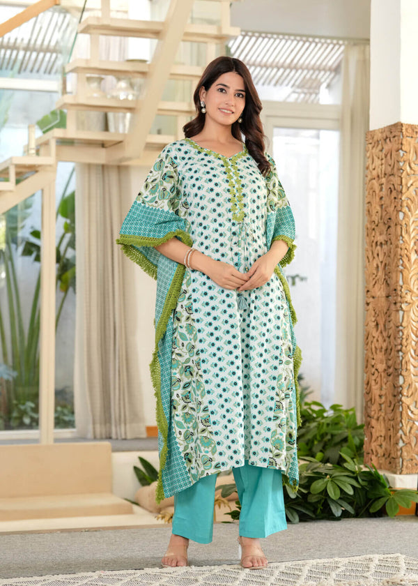 Turquoise Floral Print Cotton Maternity & Feeding Kaftan Kurta Set with Concealed Zipper