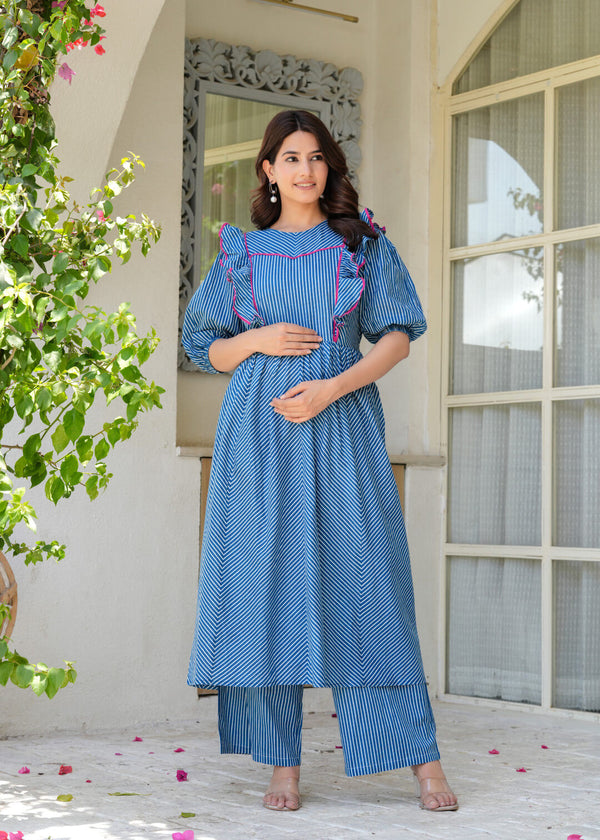 Indigo Ethnic Print Cotton Maternity & Feeding Flare Kurta Set with Concealed Zipper
