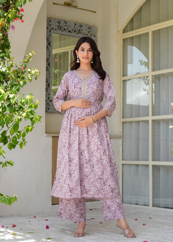 Onion Pink Ethnic Print Cotton Maternity & Feeding Flare Kurta Set with Concealed Zipper