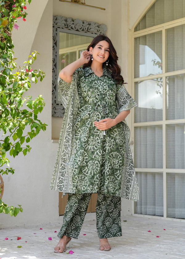 Olive Green Ethnic Print Cotton Maternity & Feeding Kaftan Kurta Set with Concealed Zipper