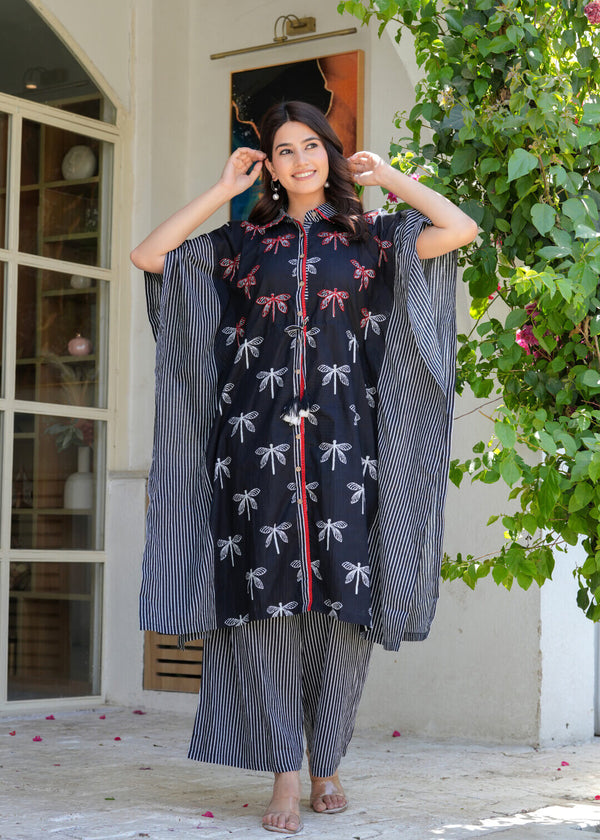 Black Ethnic Print Cotton Maternity & Feeding Kaftan Kurta Set with Concealed Zipper