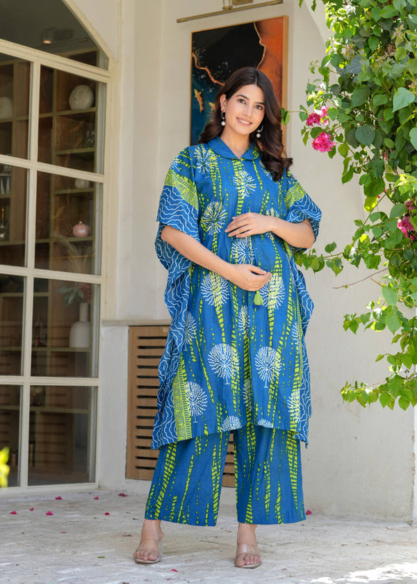Blue Green Ethnic Print Cotton Maternity & Feeding Kaftan Kurta Set with Concealed Zipper
