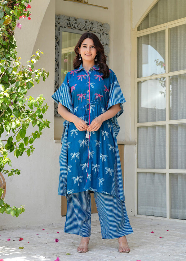 Indigo Blue Ethnic Print Cotton Maternity & Feeding Kaftan Kurta Set with Concealed Zipper