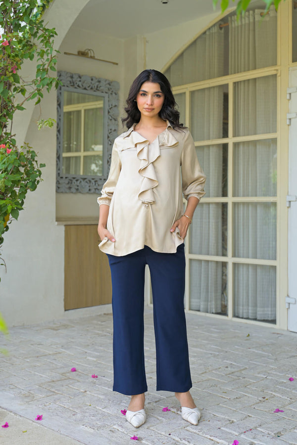 Beige Ruffled Maternity & Feeding Top with Concealed Zipper