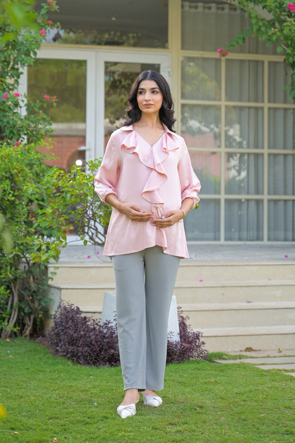 Light Pink Ruffled Maternity & Feeding Top with Concealed Zipper