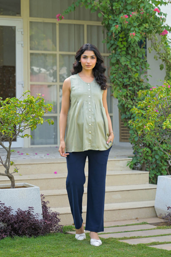 Olive Green Pleated Maternity Feeding-Friendly Top