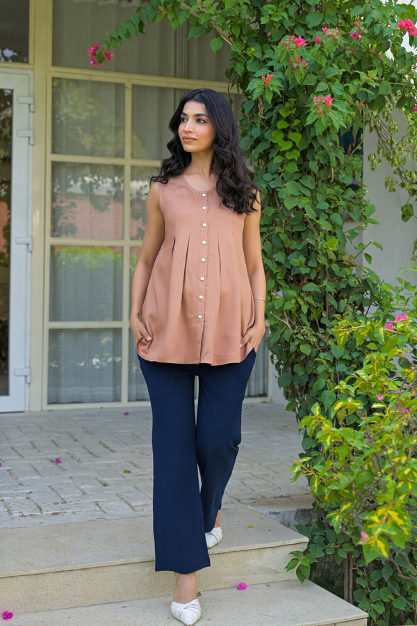 Taupe Green Pleated Maternity Feeding-Friendly Top