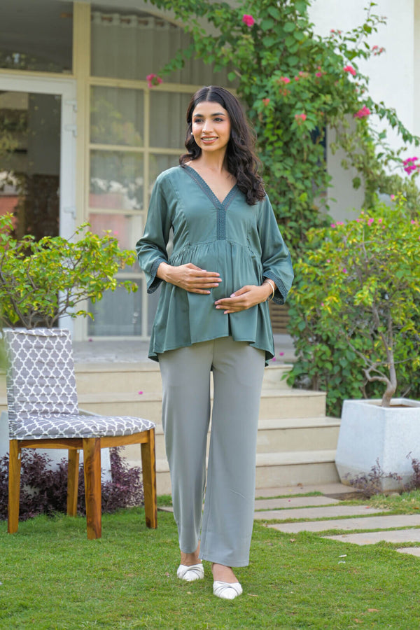 Green Lace Neck Maternity & Feeding Top with Concealed Zipper