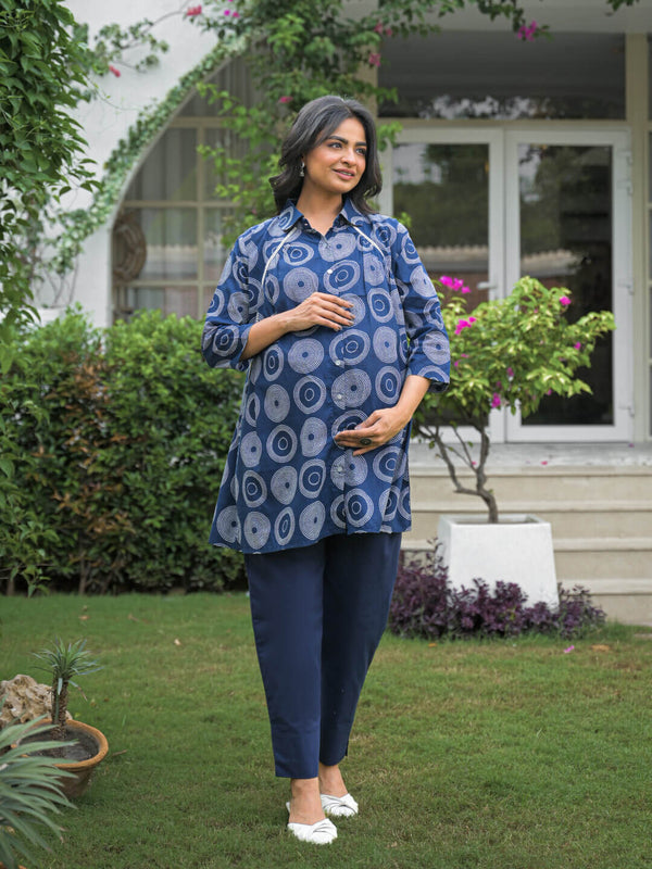 Navy Blue Geometric Print Cotton Maternity Feeding-Friendly Top