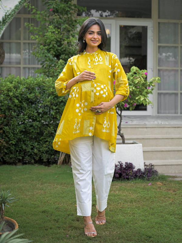 Mustard Ethnic Print Cotton Maternity Feeding-Friendly Top