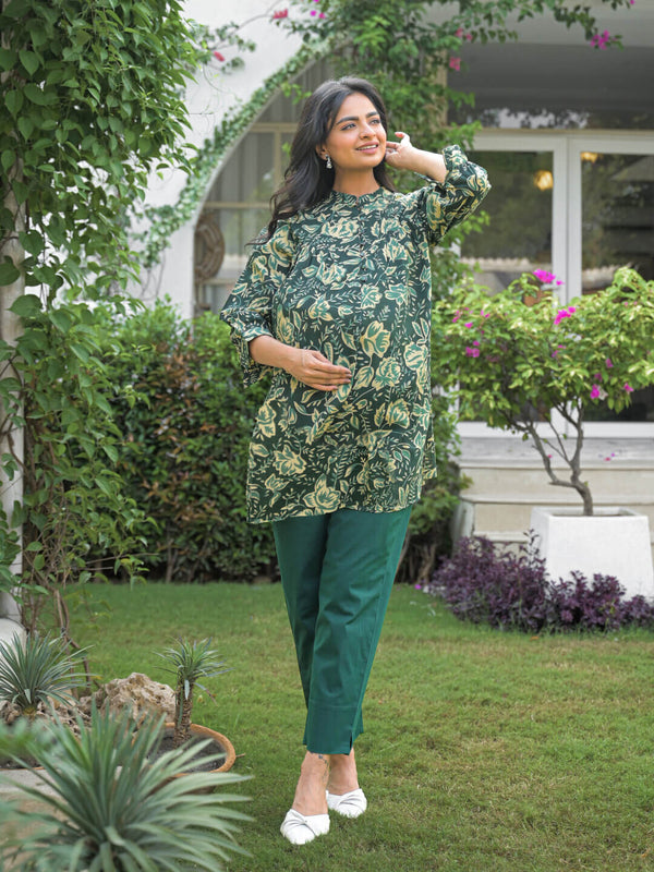 Bottle Green Floral Print Cotton Maternity Feeding-Friendly Top