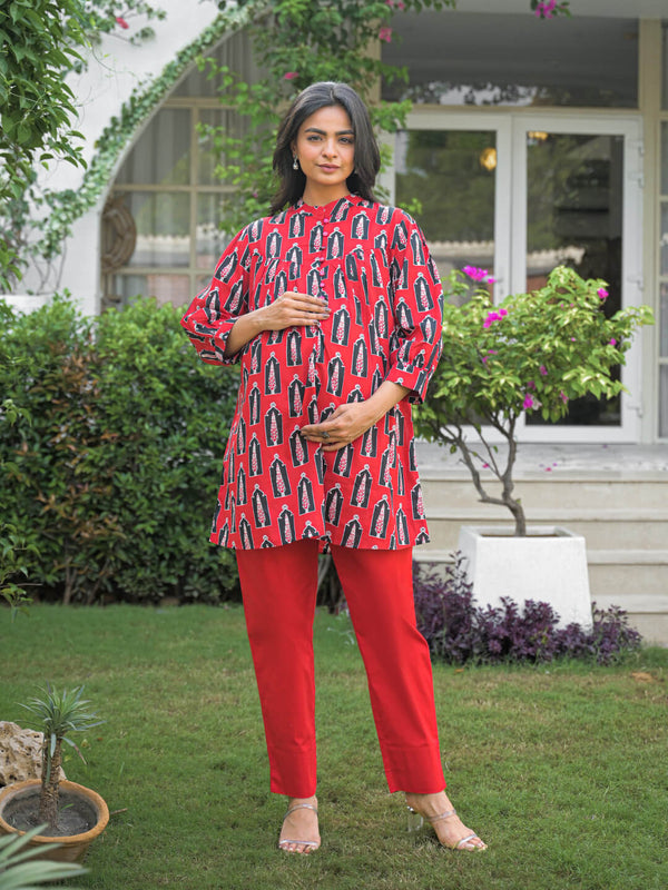 Red Ethnic Print Cotton Maternity Feeding-Friendly Top