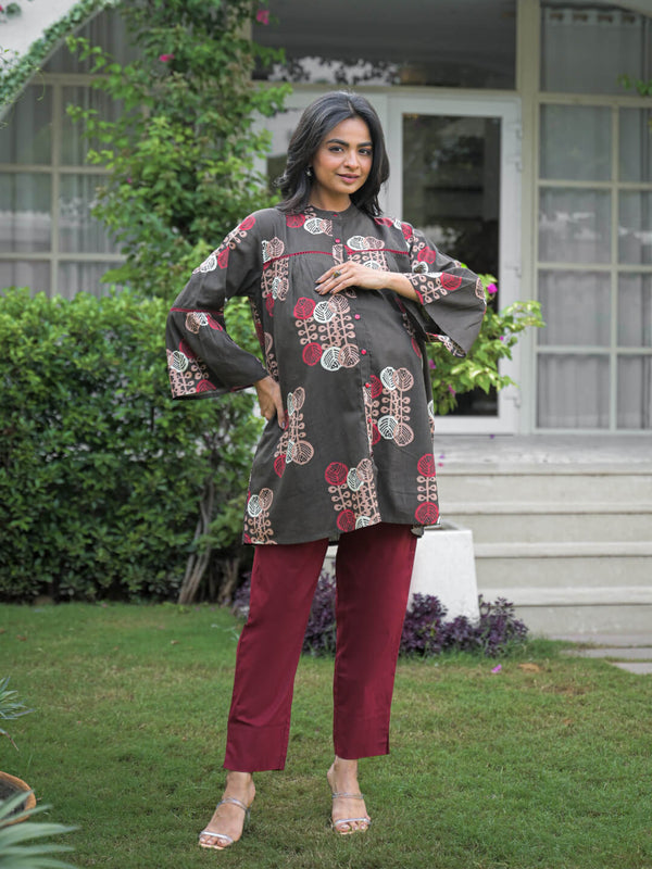Dark Brown Ethnic Print Cotton Maternity Feeding-Friendly Top