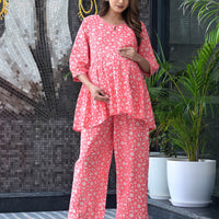 Peach Floral Print Maternity & Feeding Flared Night Suit with Concealed Zipper
