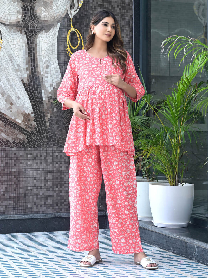 Peach Floral Print Maternity & Feeding Flared Night Suit with Concealed Zipper