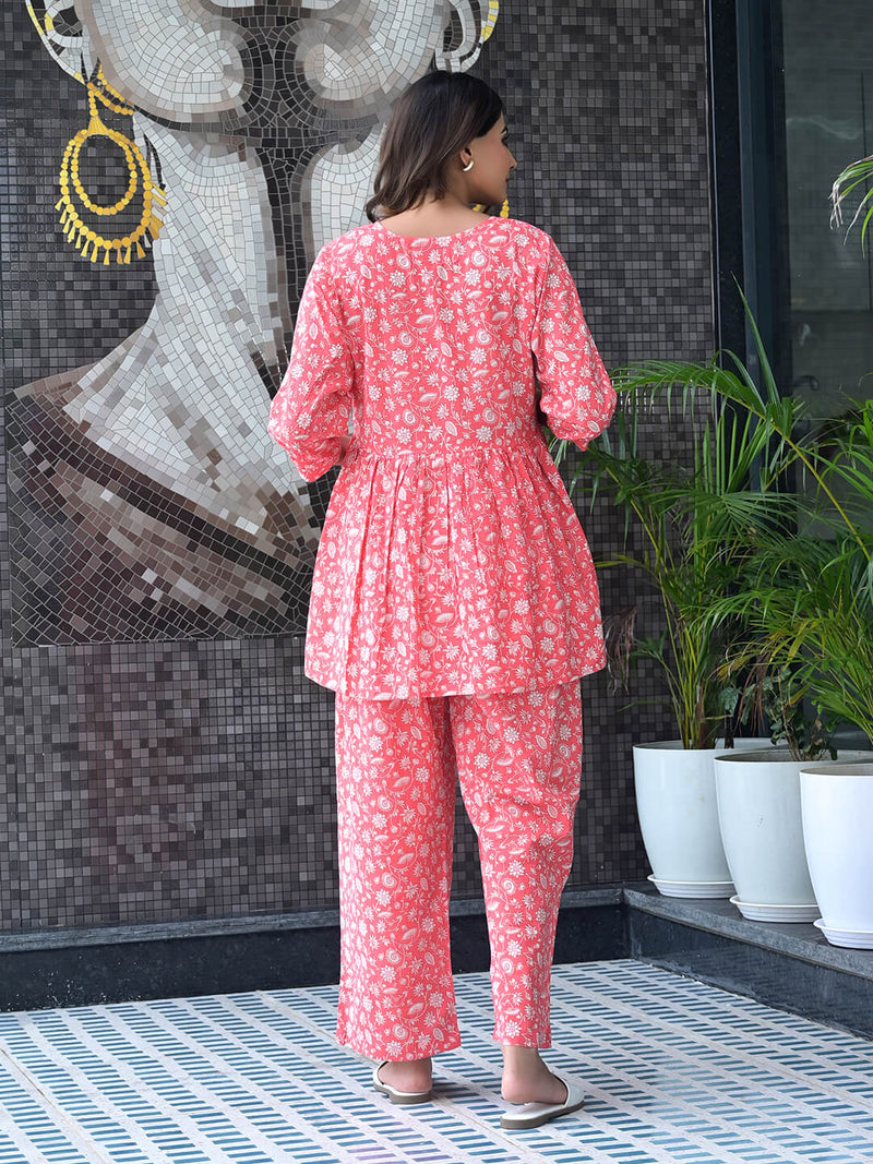 Peach Floral Print Maternity & Feeding Flared Night Suit with Concealed Zipper