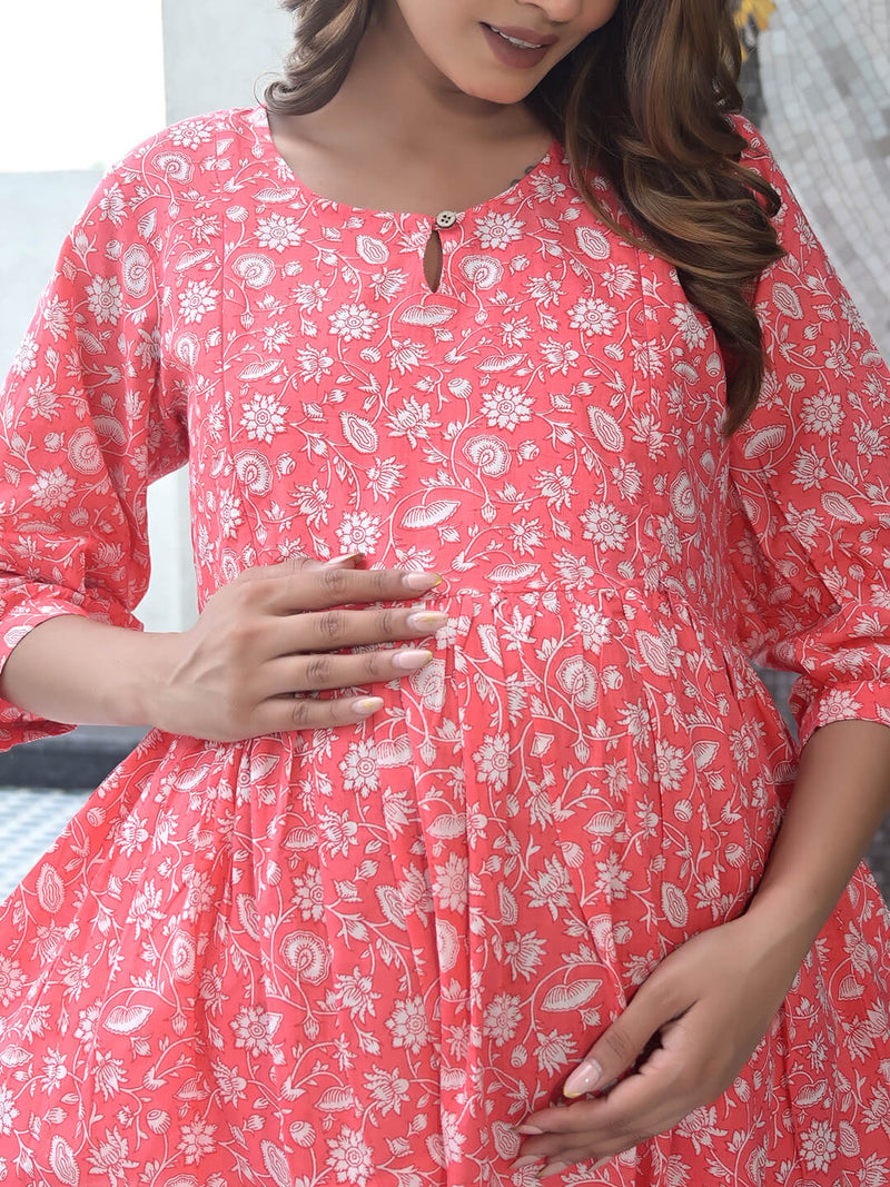 Peach Floral Print Maternity & Feeding Flared Night Suit with Concealed Zipper