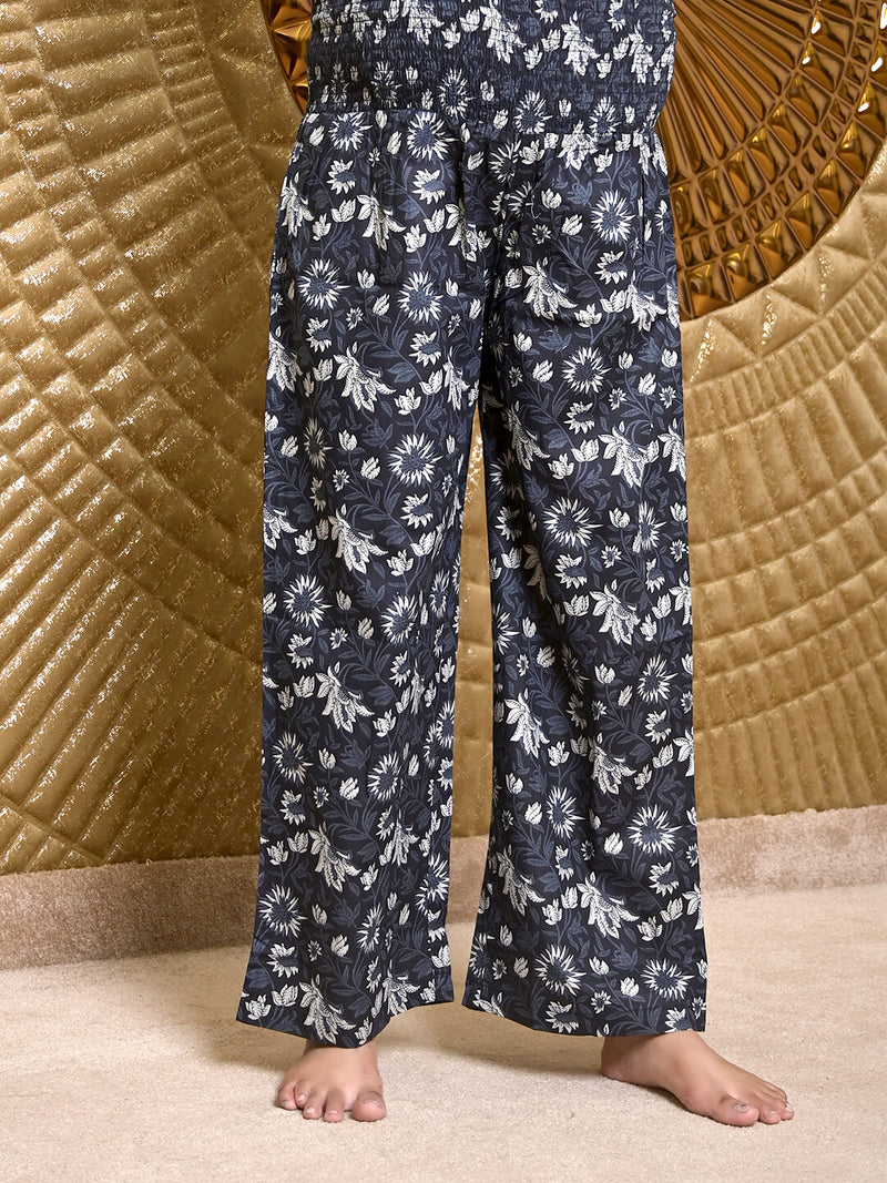 Black Floral Print Maternity & Feeding Flared Night Suit with Concealed Zipper