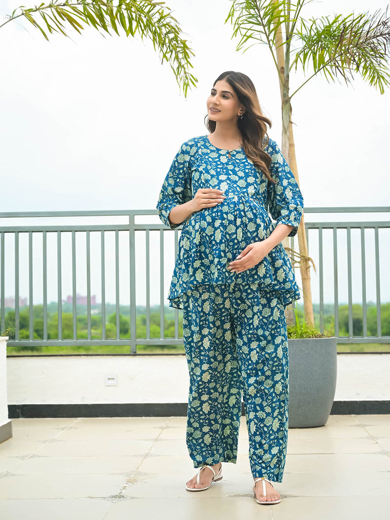 Indigo Floral Print Maternity & Feeding Flared Night Suit with Concealed Zipper