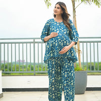 Indigo Floral Print Maternity & Feeding Flared Night Suit with Concealed Zipper