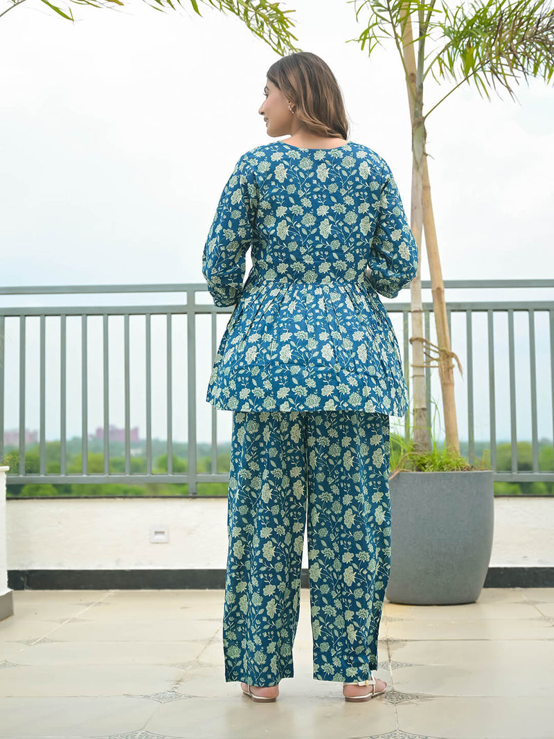 Indigo Floral Print Maternity & Feeding Flared Night Suit with Concealed Zipper