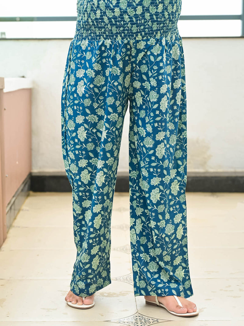 Indigo Floral Print Maternity & Feeding Flared Night Suit with Concealed Zipper