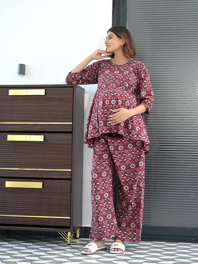 Maroon Floral Print Maternity & Feeding Flared Night Suit with Concealed Zipper