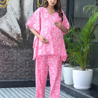 Pink Floral Print Maternity & Feeding Kaftan Night Suit with Concealed Zipper