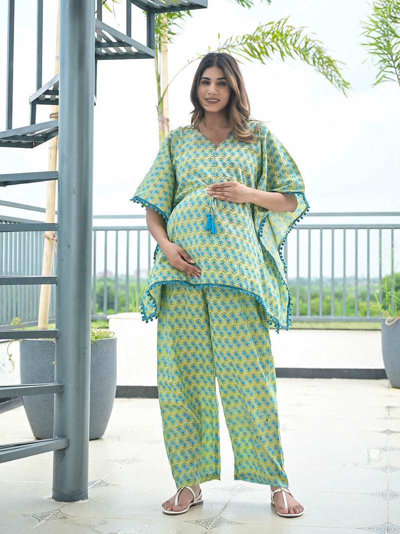 Pista Green Ethnic Print Maternity & Feeding Kaftan Night Suit with Concealed Zipper